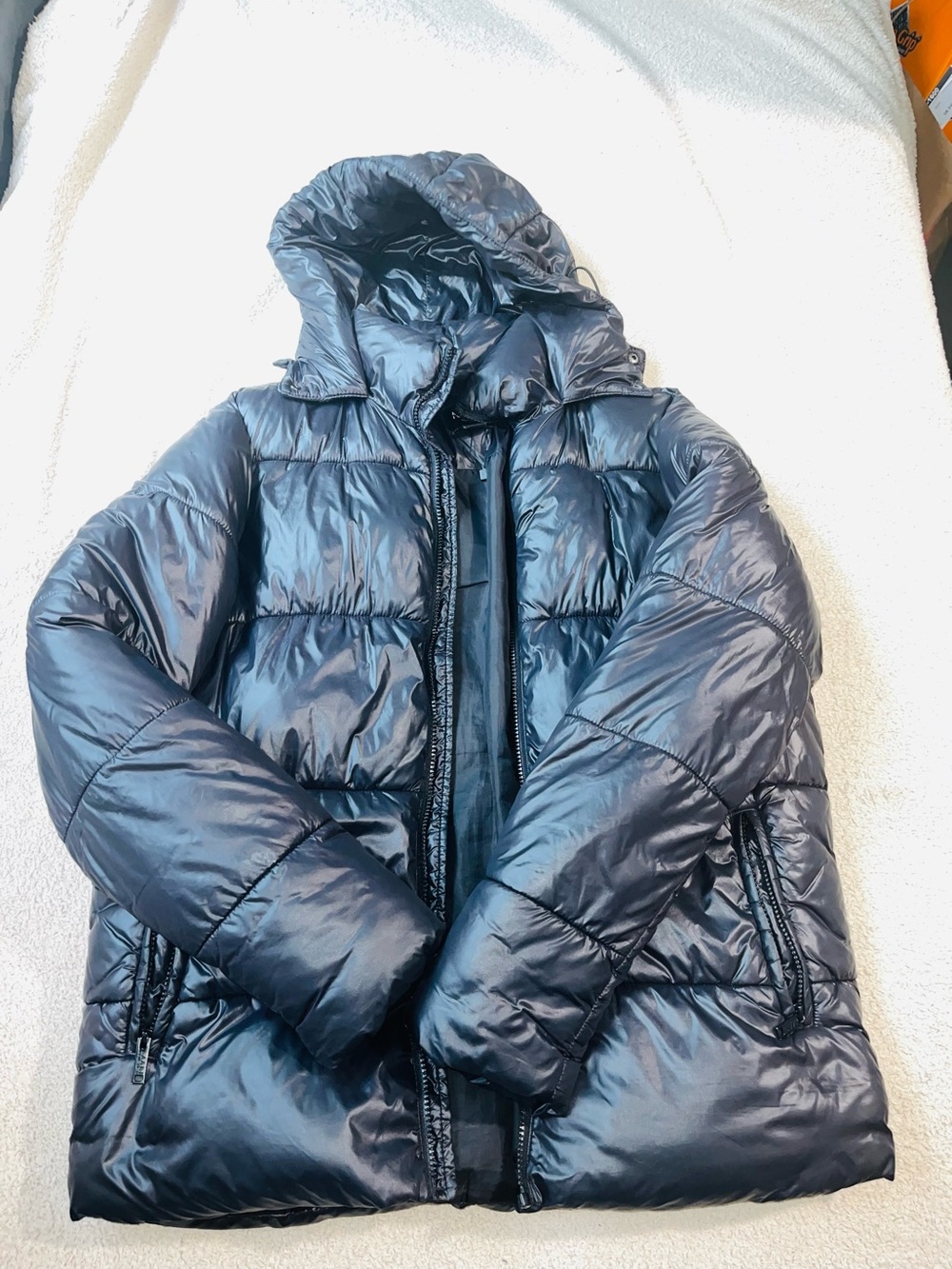 Boohoo Mens Shiny Navy Puffer Bomber Jacket